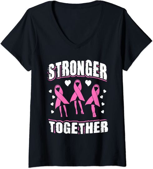 Breast Cancer Stronger Together Dancing Pink Ribbons V Neck T Shirt
