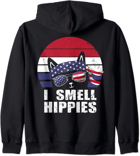 I Smell Hippies American Patriotic Cat Funny Pullover Hoodie