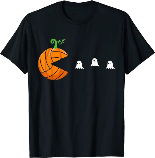 Volleyball Pumpkin Eating Cute Ghosts Funny Halloween Gamer T-Shirt