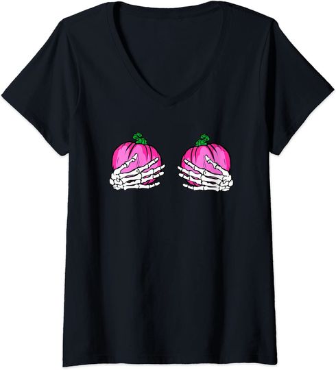 Breast Cancer Awareness Pumpkin Boobies Halloween V-Neck T-Shirt
