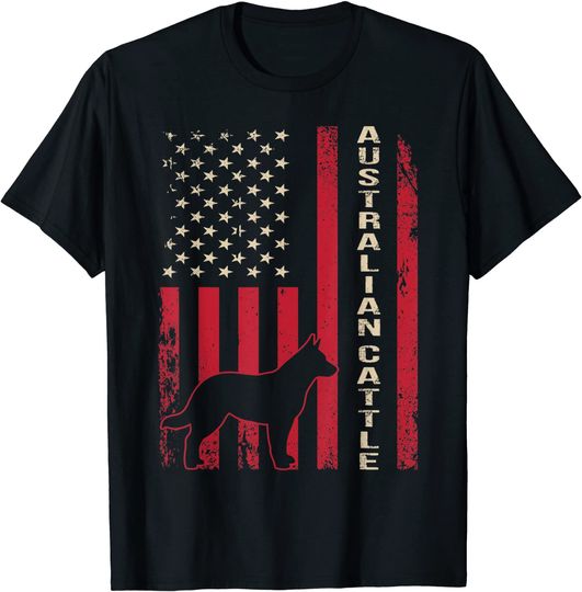 Distressed Retro USA American Flag Australian Cattle Dog T-Shirt