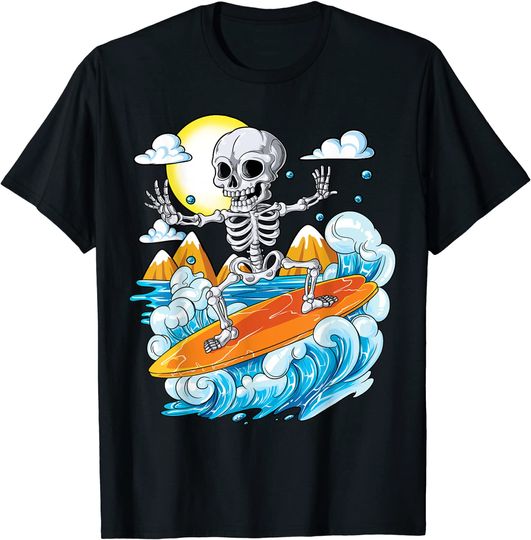 Skeleton Surfing Halloween Hawaii T-Shirt