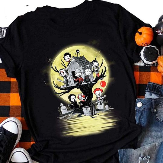 Chibi Horror Characters Friends Halloween Moon T-Shirt