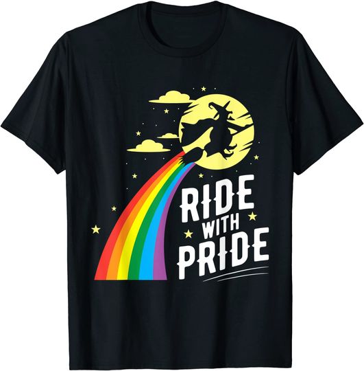 Ride With Pride LGBT Gay Lesbian Witch Halloween T-Shirt