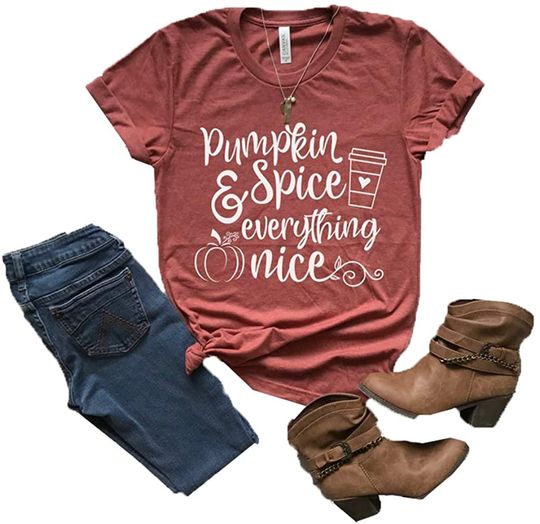 Pumpkin Spice and Everything Nice Fall Halloween Shirt for Women Cute Graphic Letter Print Casual Short Sleeve Tee Tops