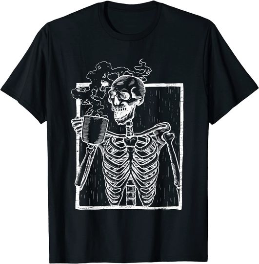 Distressed Skeleton Vintage Smiling Skull Drinking Coffee T-Shirt