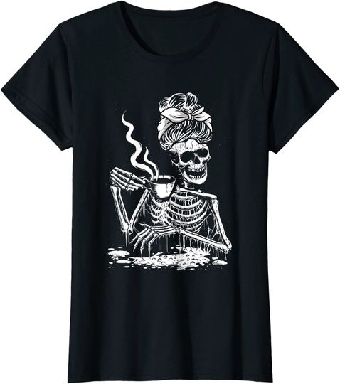 Coffee Drinking Skeleton Lazy Halloween Costume Women T-Shirt