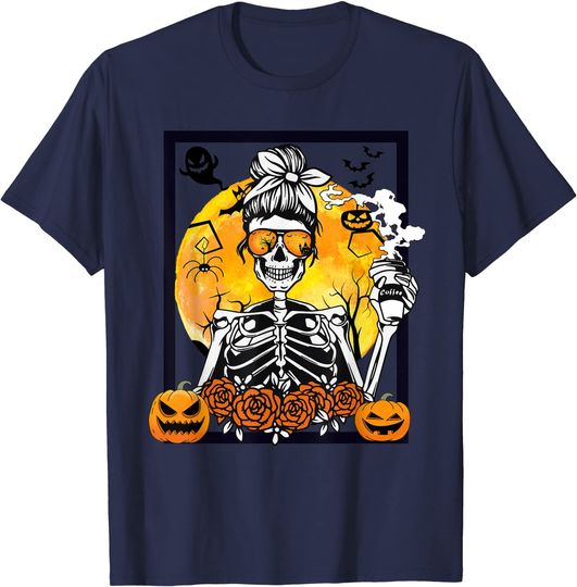 Floral Pumpkin Skeleton Messy Bun Drinking Coffee Halloween T-Shirt