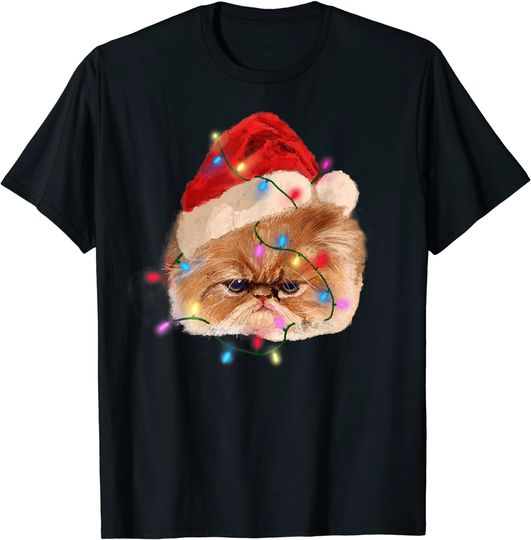 Funny Xmas Persian Cat Christmas Lights Adorable Face Fluffy T-Shirt