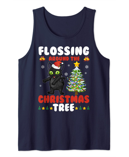 Flossing Around The Christmas Tree-Black Cat Christmas Tank Top