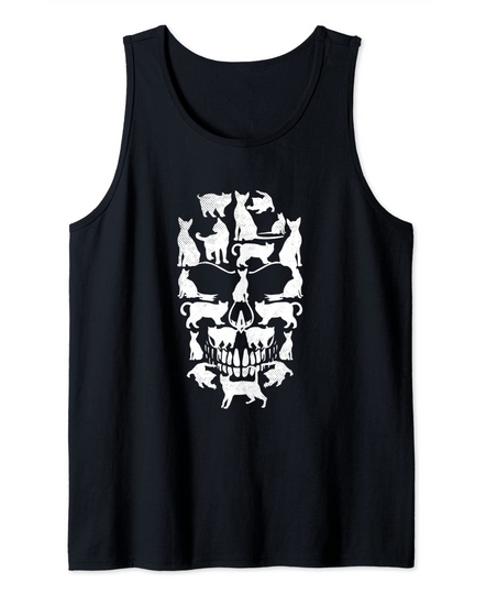 Funny Skull Cat Outfit Halloween Skeleton Head Tank Top