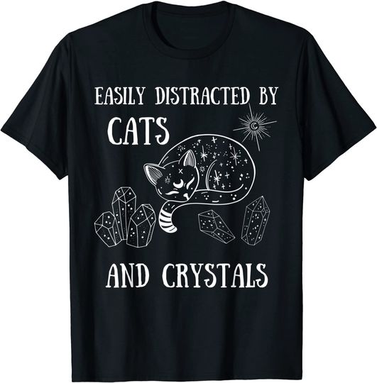 Easily Distracted By Cats Crystals Boho Spiritual Wiccan T-Shirt