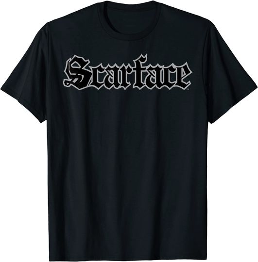 Scarface Old English Silver Outlined Text Graphic T-Shirt