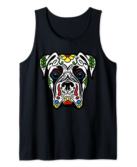 Boxer In White - Dead Sugar Skull Dog Design Gift Tank Top