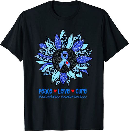 Discover Peace Love Cure Diabetes Awareness Sunflower Leopard Ribbon T-Shirt