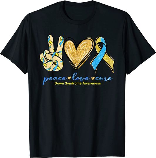 Discover Peace Love Cure Yellow Blue Ribbon Down Syndrome Awareness T-Shirt