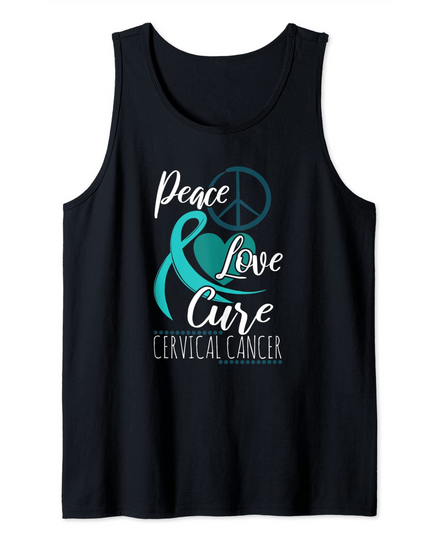 Discover Cervical Cancer Awareness Teal Ribbon Peace Love Cure Tank Top