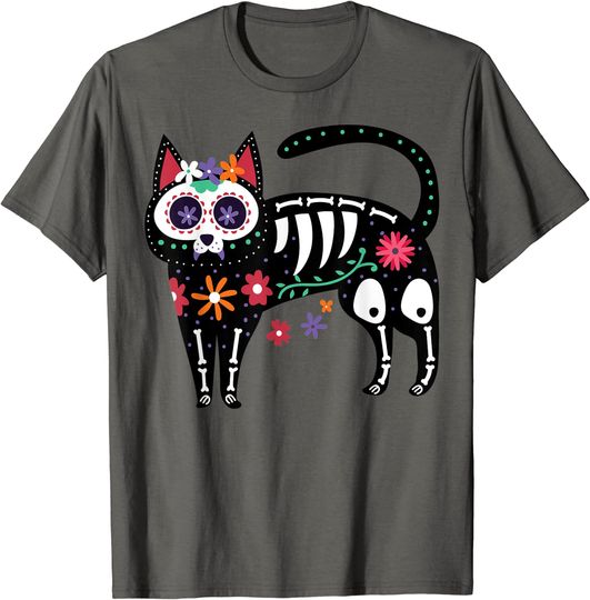 Sugar Skull Black Cat Day of Dead Cute Mexican Skeleton T-Shirt
