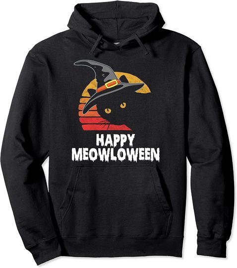 Happy Meowloween! Funny Cat Witch's Hat Halloween 80s Sunset Pullover Hoodie