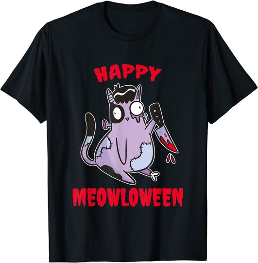 Funny Happy Meowloween Zombie Monster Cat Halloween T-Shirt