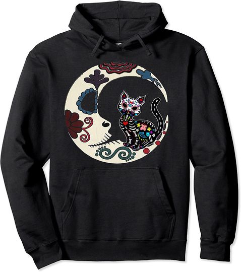 Cat Skull & Moon Sugar Skull Dia de Los Muertos Pullover Hoodie