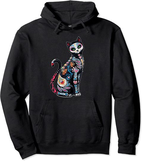 Cat Skull  Mosaic Sugar Skull Cat Art Hoodie Pullover Hoodie