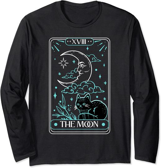 Black Goth Cat The Moon Tarot Card Long Sleeve