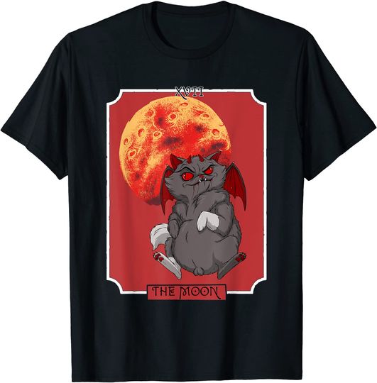 Tarot Card Crescent Moon And Cat Bat Wing Halloween T-Shirt