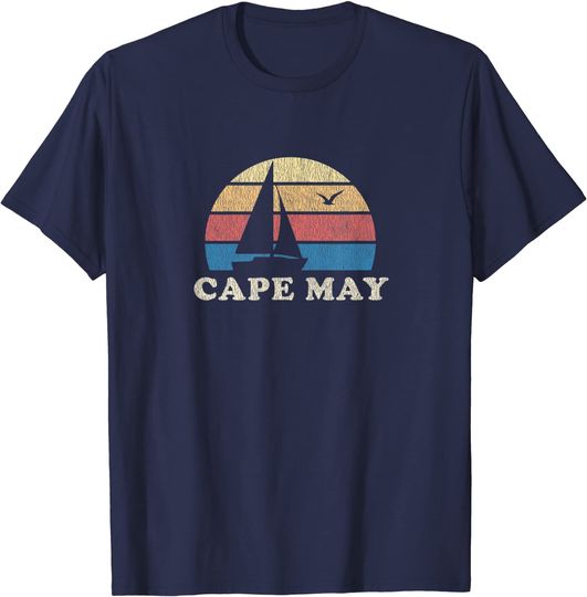 Discover Cape May NJ Vintage Sailboat 70s Throwback Sunset T-Shirt