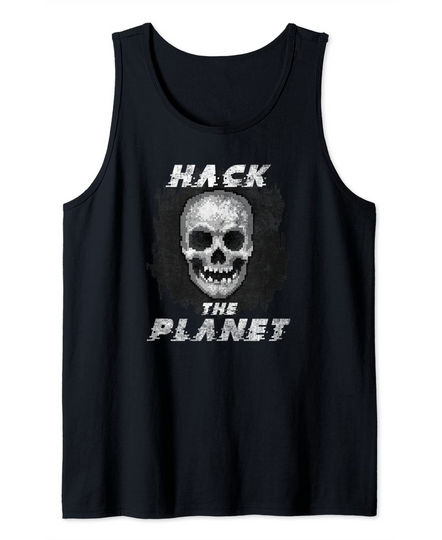 Hack The Planet Retro Pixel Art Computer Skull Graphic Tank Top