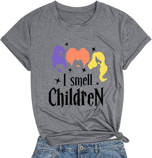Halloween T-Shirt for Women of I Smell Children, Short Sleeve O-Neck Graphic Tee for Lady
