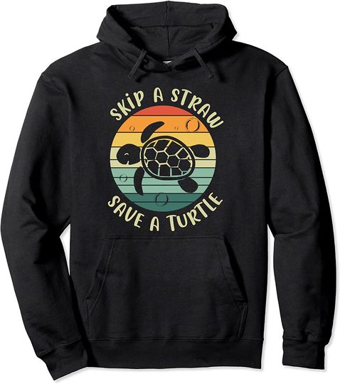 Skip a Straw Save a Turtle Retro Sunset Sea Turtle Pullover Hoodie