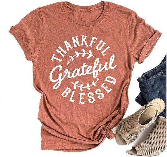 HJLH Thankful Grateful Blessed Shirt Womens Thanksgiving Letter Print T-Shirt for Women
