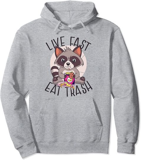 LIVE FAST EAT TRASH Funny Raccoon Meme Eating Junk Food Pullover Hoodie
