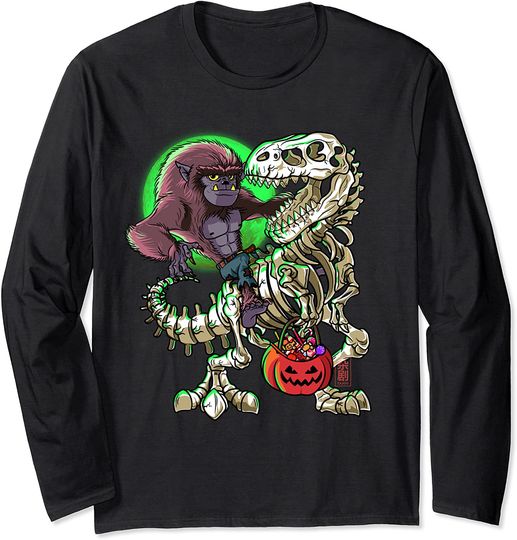 T Rex Skeleton Werewolf Halloween Long Sleeve