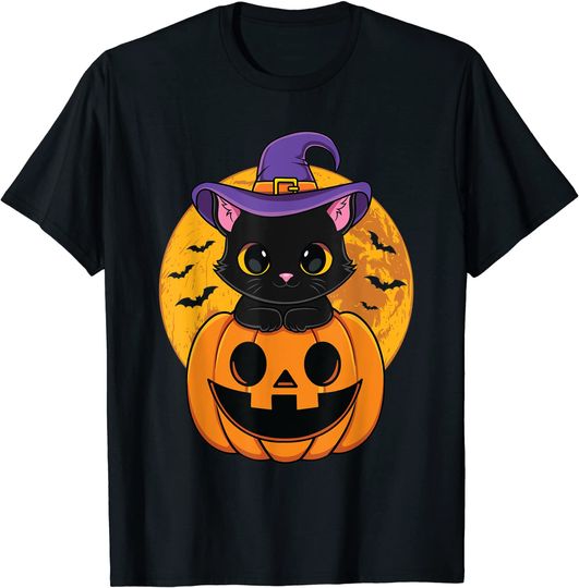 Halloween Black Cat Witch Hat Pumpkin T-Shirt