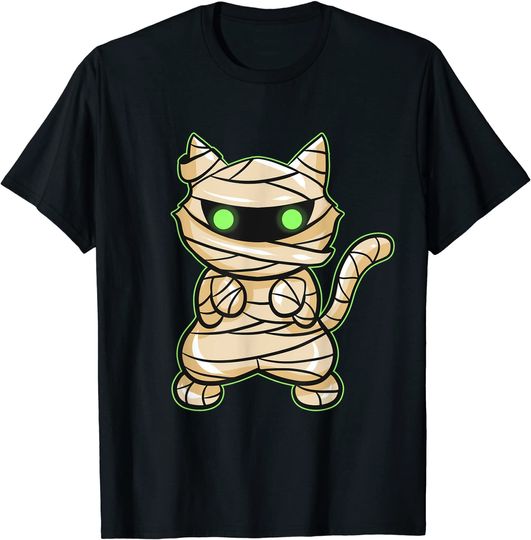 Spooky Mummy Cat With Green Eyes On Halloween T-Shirt