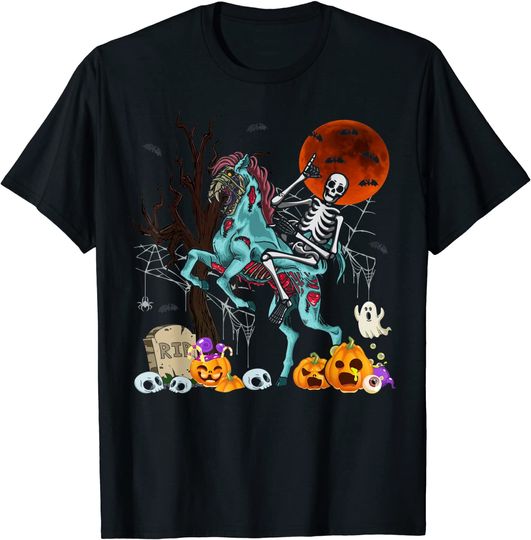 Skeleton Riding On Zombie Horse Kid Skeleton Horse Halloween T-Shirt