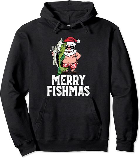 Funny Christmas Themed Bass Fishing Gift Merry Fishmas Pullover Hoodie