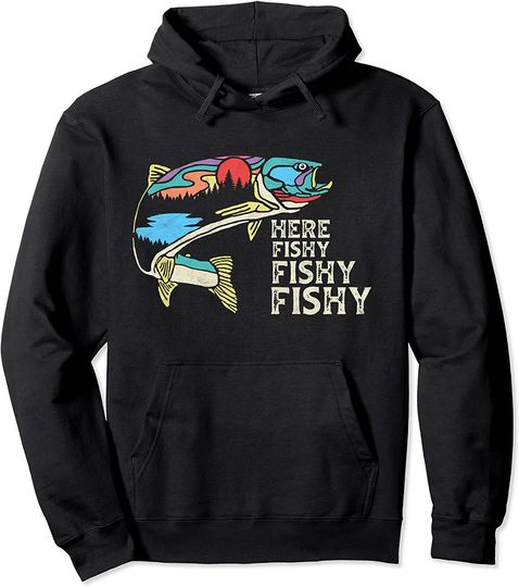 Here Fishy Fishy Retro Nature Trout Fly Fishing Hoodie