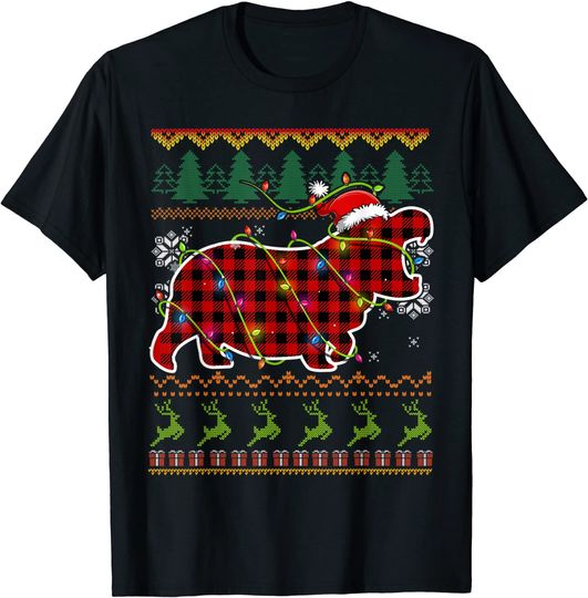 Red Plaid Hippo Santa Ugly Christmas T-Shirt