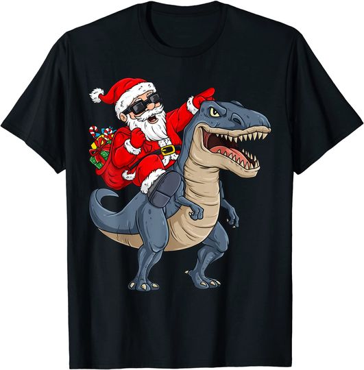 Christmas Santa Claus Riding Dinosaur T Rex T-Shirt