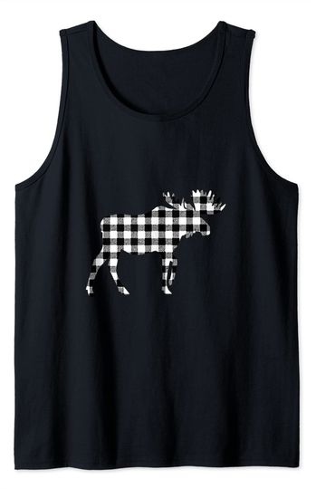 White & Black Buffalo Plaid Flannel Christmas Moose Tank Top