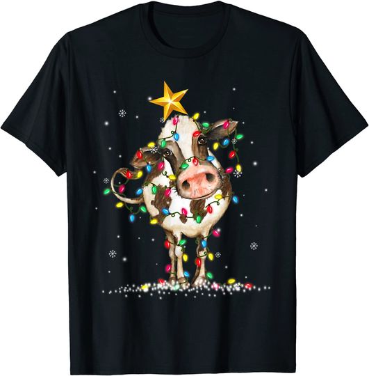 Cow Reindeer Hat Santa Christmas Lights Funny Cow Christmas T-Shirt