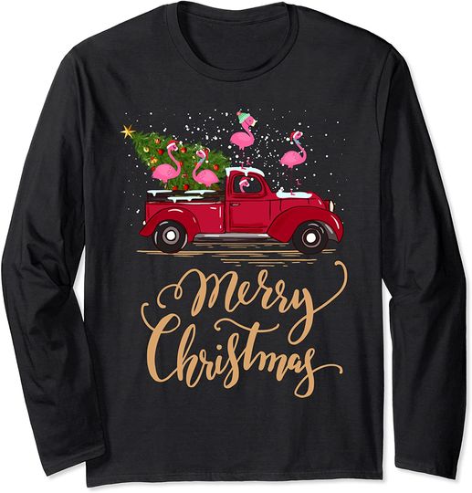 Flamingo Driving Christmas Tree Red Truck Flamingo Xmas Long Sleeve