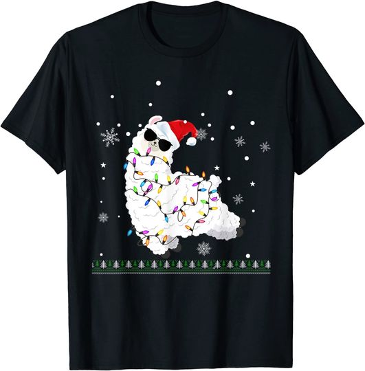Santa Llama Alpaca Christmas Lights Girls Alpaca T-Shirt