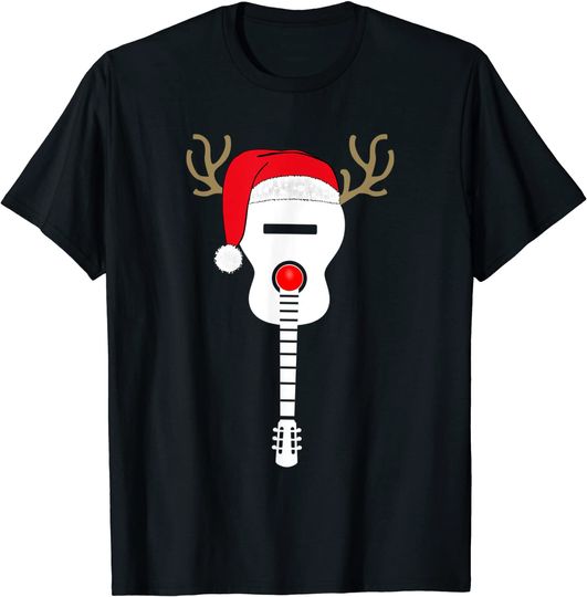 Christmas Guitar Santa Hat Reindeer Antlers T-Shirt