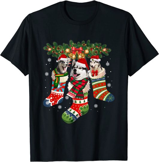 Three Husky In Sock Christmas Santa X-mas Dog T-Shirt