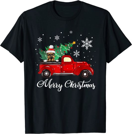 German Shepherd Dog Riding Red Truck Christmas Tree Pajama T-Shirt