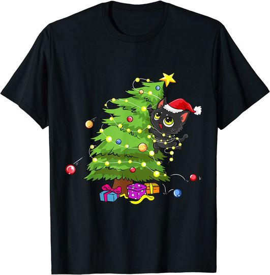 Santa Black Cat Tangled Up In Christmas Tree Lights Holiday T-Shirt